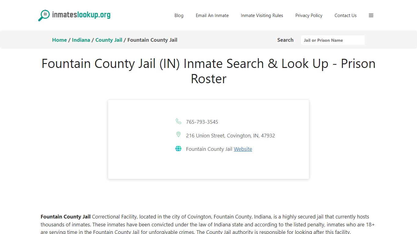 Fountain County Jail (IN) Inmate Search & Look Up - Prison Roster